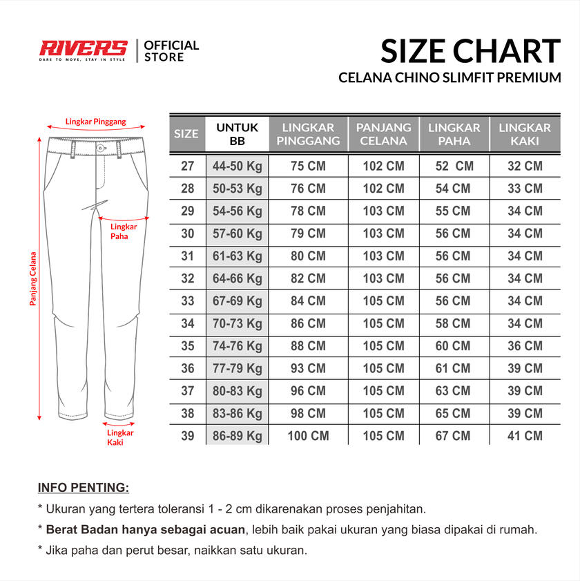 SIZE CHART RIVERS.ID Celana Chino Slimfit Premium